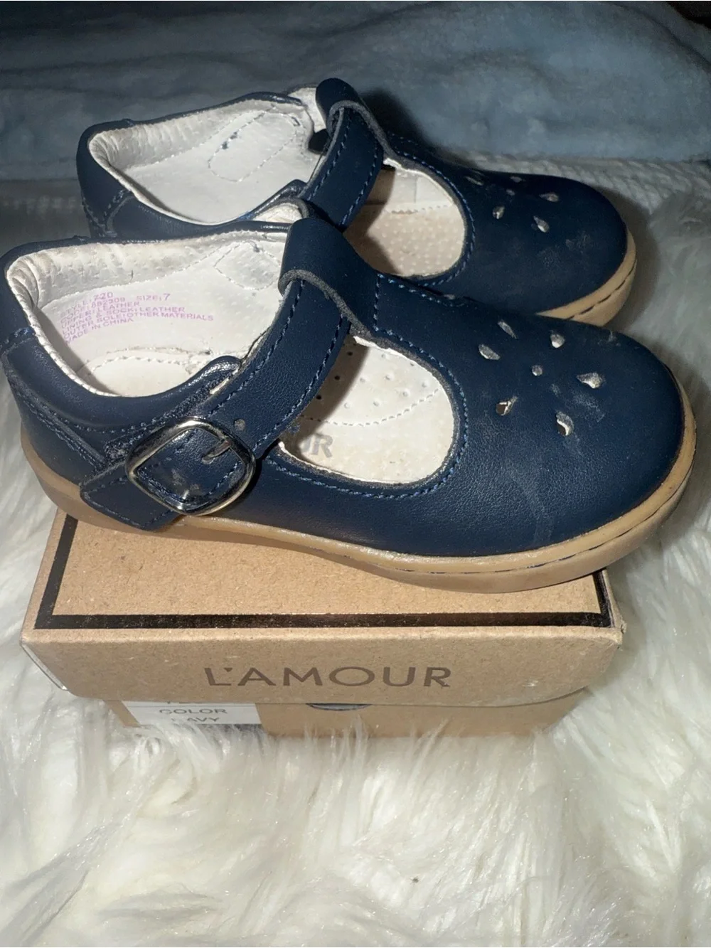 L'Amour Navy T‑Strap Kids Dress Shoes with Tan Sole